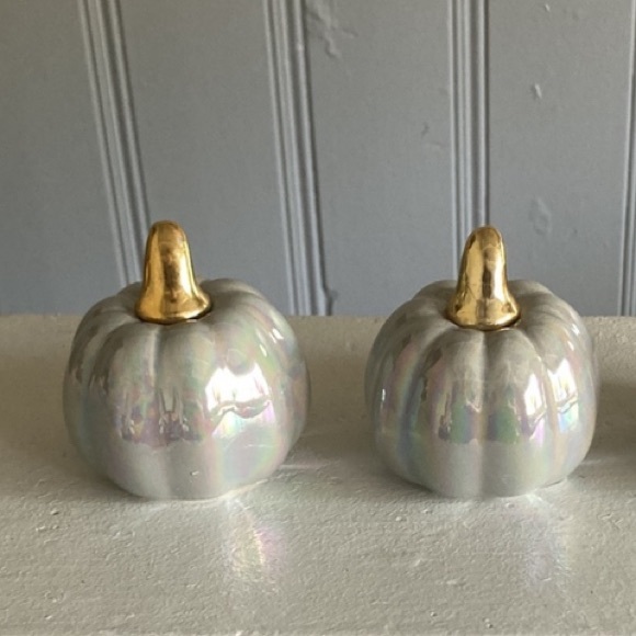 SOLD NWT Set of 2- Gray Iridescent Ceramic Pumpkins w/ Gold Stems Decorations - Picture 6 of 16